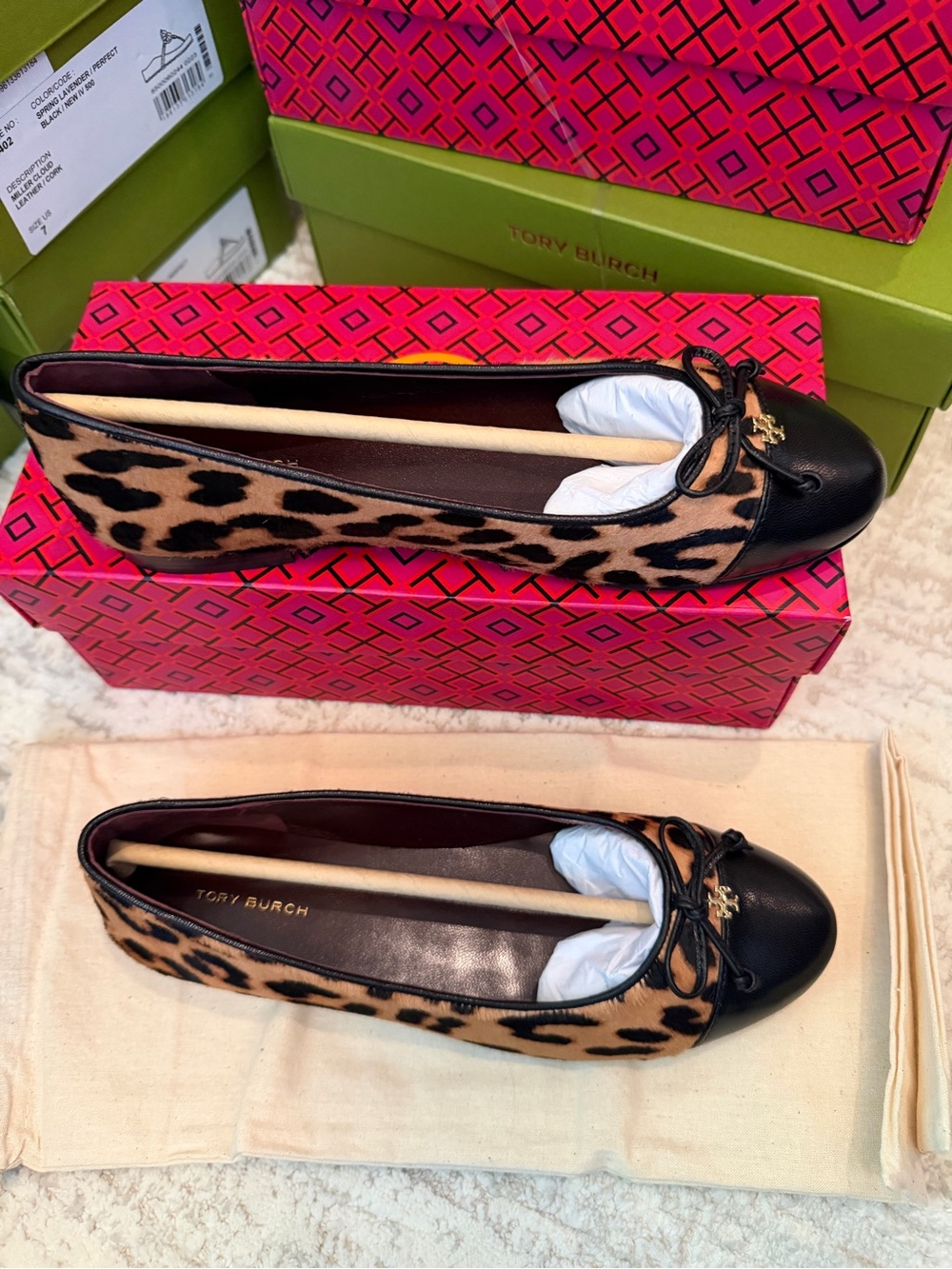 Tory Burch Cap-Toe Ballet Black and Brown Leopard Printed Hair Calf